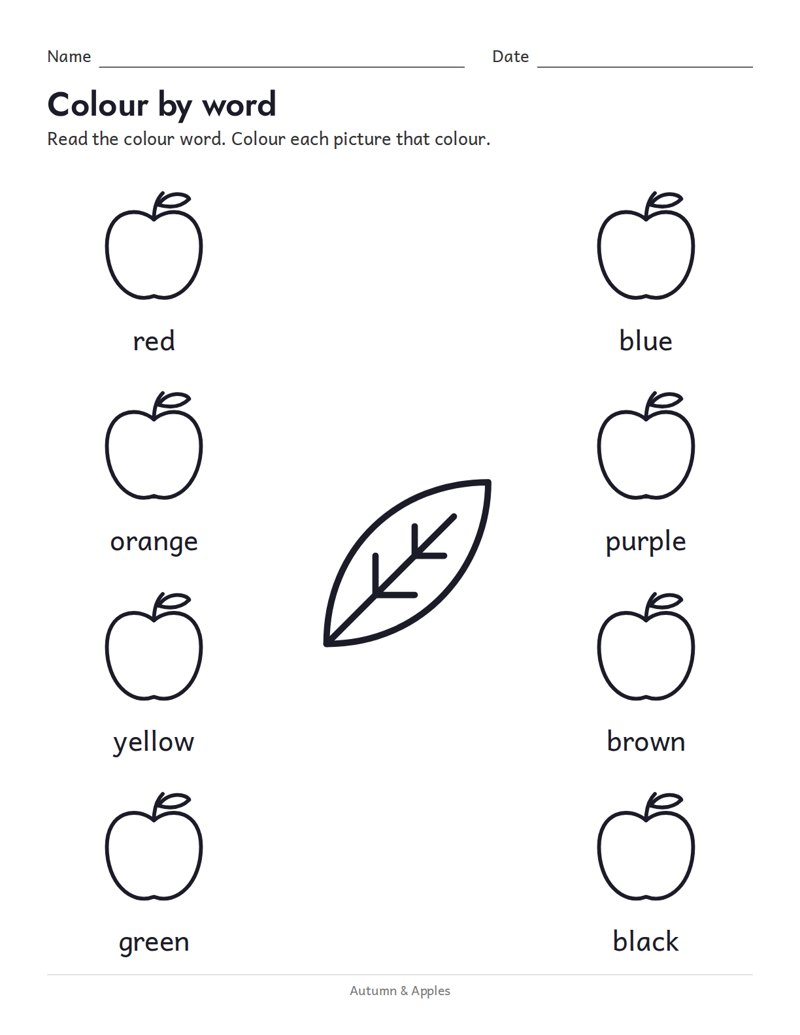Colour by word worksheet with apples and a sunflower