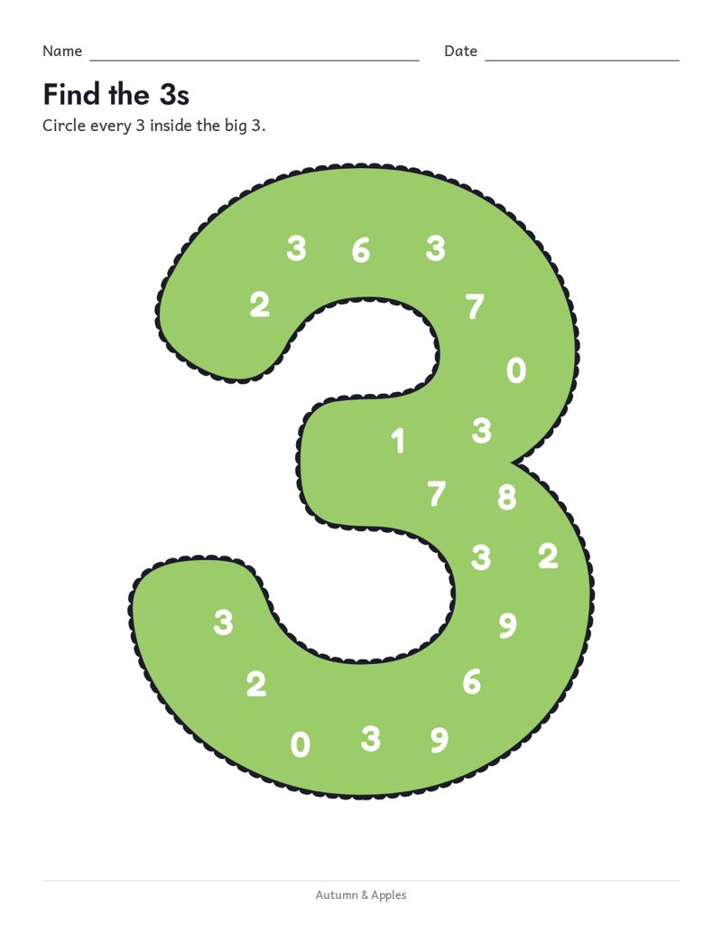 Giant number find worksheet: a big green 3 filled with small numbers to circle