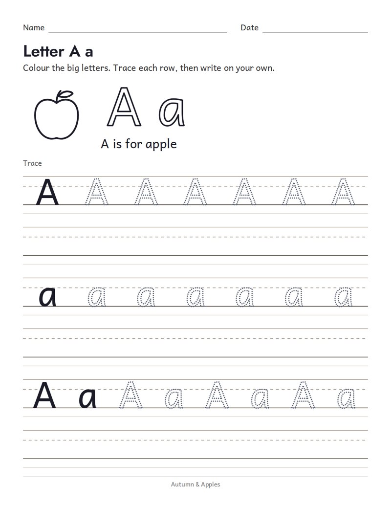 Letter A tracing worksheet with an apple