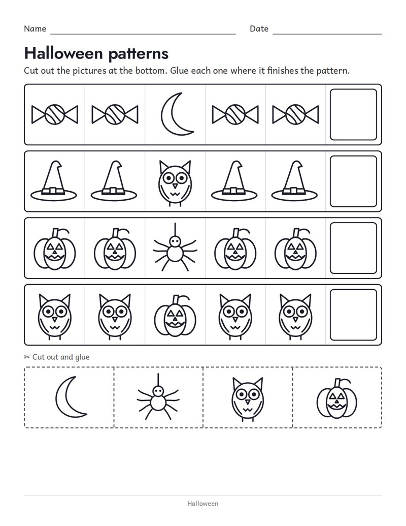 Halloween picture patterns worksheet with cut-and-paste answers